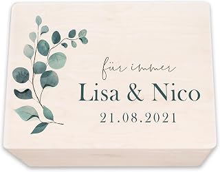 hellomini Personalisierte Erinnerungskiste aus Holz - Geschenk zur Hochzeit | Individuell mit Namen & Datum - Hochzeitsgeschenk/Hochzeitskiste (Eukalyptus 1, S: 30x20x14cm)