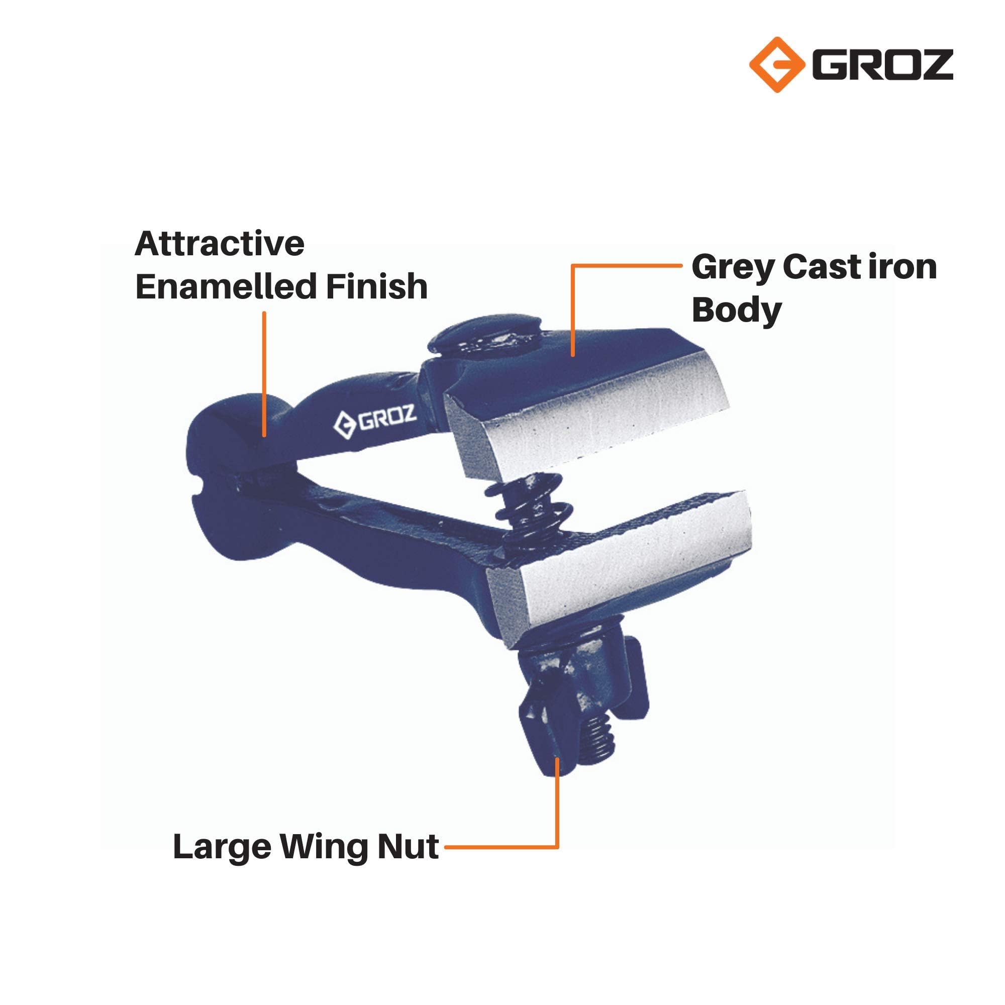 GROZ Hand Vice with grey cast iron body| Ideal for working on small jobs| Attractive Enamelled Finish| Operated via Large Wing Nut| Overall Length: 125 mm |Jaw Width: 50 mm| HV/125 1