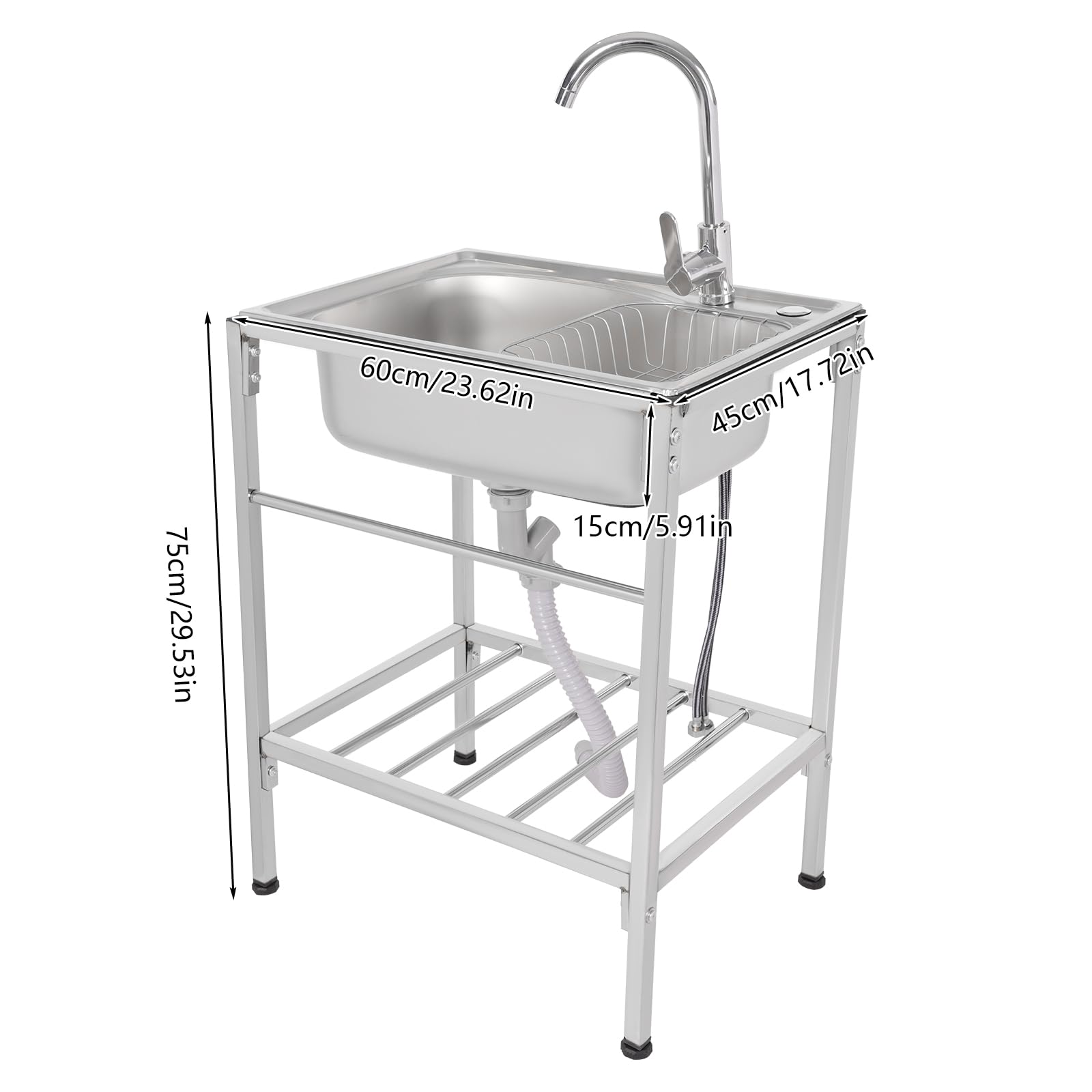 Lavello da Cucina in Acciaio Inox con Rubinetto Caldo e Freddo per Laboratori, Caffè, Bar Boutique 60 X 45 x 15 cm