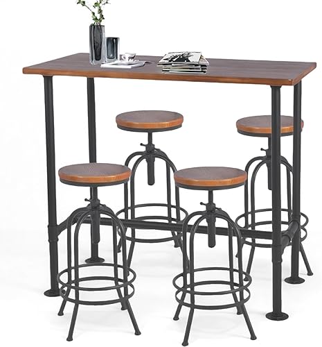 Mesa de bar con diseño de tubería rústica (41.3 pulgadas de alto) y juego de 4 taburetes de bar vintage de 26 a 32 pulgadas de altura ajustable para
