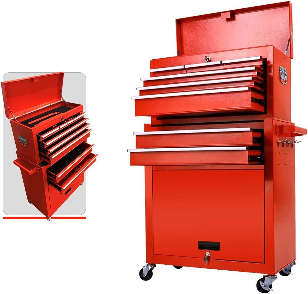 Tool Box Rolling 2 in 1 Portable Tool Chest Cabinet Top&Bottom Key Lockable Storage Toolbox with 4 Swivel Wheels (2pc with brake), 8-Sliding Drawers Removable Toolbox Organizer,Blue.