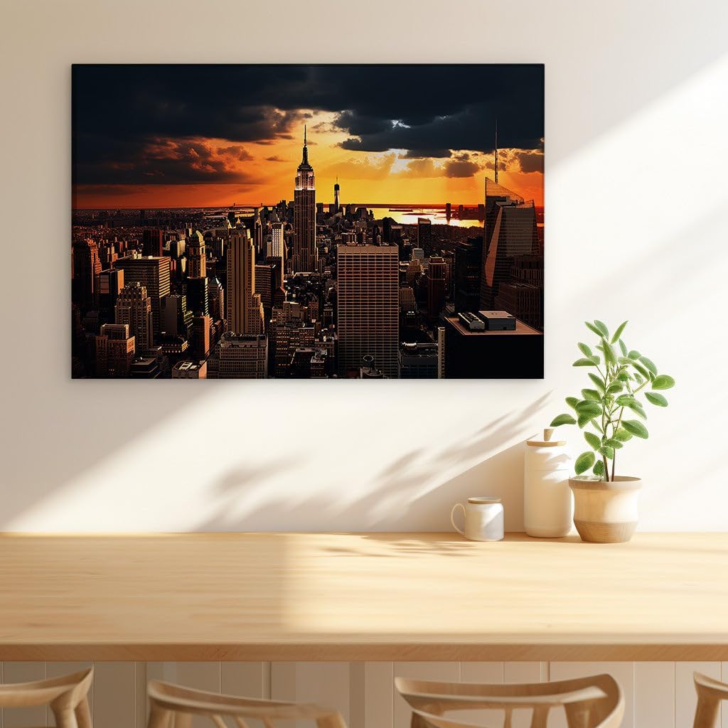 Canvas for Living room. Sunset Majesty Over New York � Empire State Building's Grandeur Amidst a Fiery Sky, 27 x 18 inch Canvas Wall Art - Ready to Hang