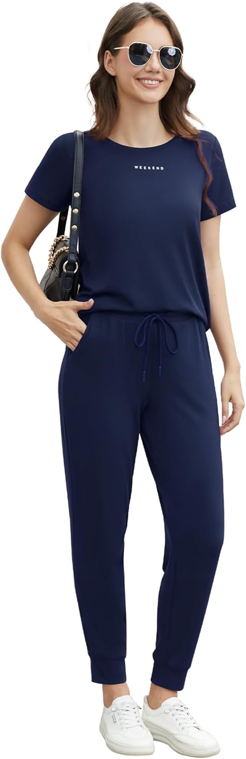WiWi Women's 2 Piece Tracksuits Set with Pockets Scoop Neck Short Sleeve Tops Jogger Pants Lounge Sets Outfits S-XXL