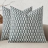 MIULEE Block Print Pillow Covers 18x18 Inch Set of 2, Vintage Floral Throw Pillow Cases Neutral Linen Farmhouse Cushion Covers for Couch Sofa Bed Chair Living Room, Dusty Blue
