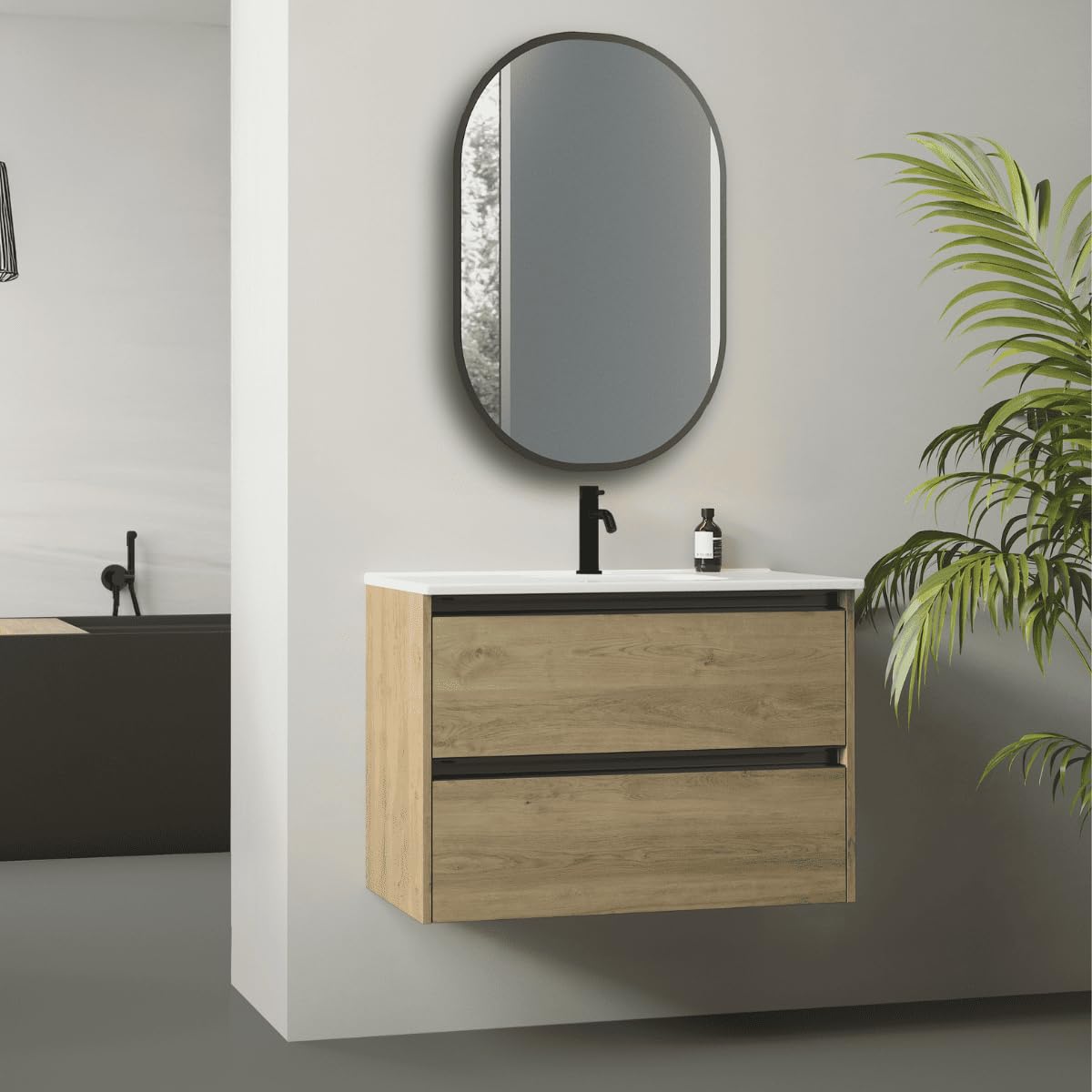 Mueble de Baño Suspendido Fondo Reducido con Lavabo Cerámico para Aseos| Mueble Volado 2 Cajones con Tirador | 50 cm Roble Natural Tirador Negro