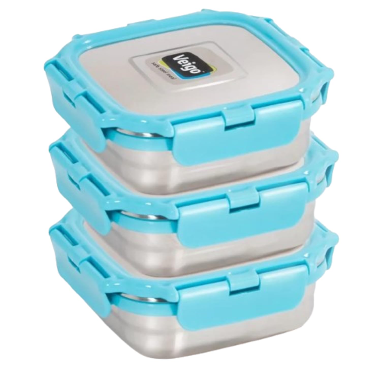 Veigo Original Set Pack of 3 Stainless Steel Airtight & Leakproof Medium Lunch Box with Silicon Ring & Polymer Frame for Re-Heating|Safe Lid Lock|Square (330ML) Aqua Blue
