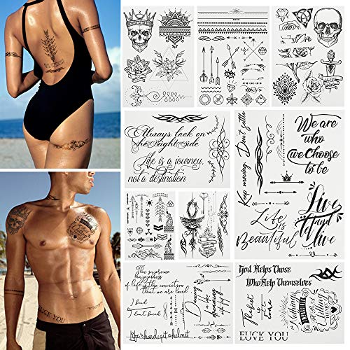 Temporary Tattoos Body Art Stickers - 100 Unique Black Fashion Various Designs Words Qoutes Marks Temp Tats Fake Waterproof Removable Stickers Party Vacation Tatts Flowers Skull Symbol 9 Sheets