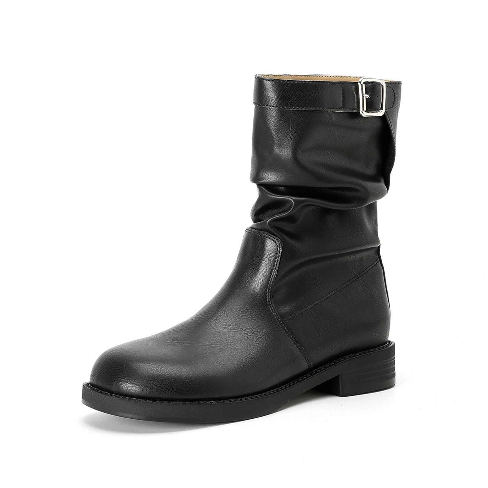 Mid Calf Boots Womens Fashion Wrinkled Adjustable Buckle Round Toe Chunky Heel Comfortable Pull On Casual Boots Trendy