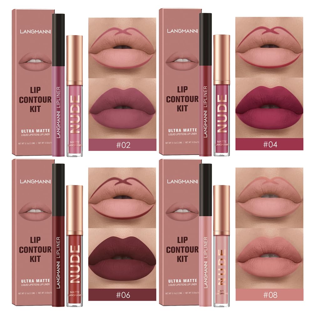 LANGMANNI 4pcs Matte Lipstick with Lipliners Durable Makeup Set,Long-Lasting Non-Stick Cup Not Fade Waterproof Pigmented Velvet Lipgloss Kit Beauty Cosmetics Makeup Gift for Girls(#2468) - Image 2