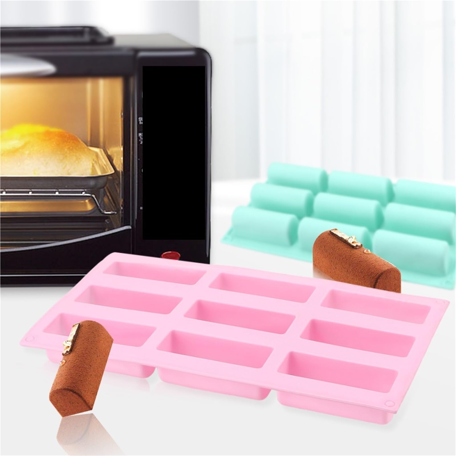 2 Stück halbzylindrische, streifenförmige Kuchenformen aus Silikon for DIY-Fondant-, Mousse- und Zuckerpastenkuchen, 9 Löcher Für Schokolade,Praline(Pink)