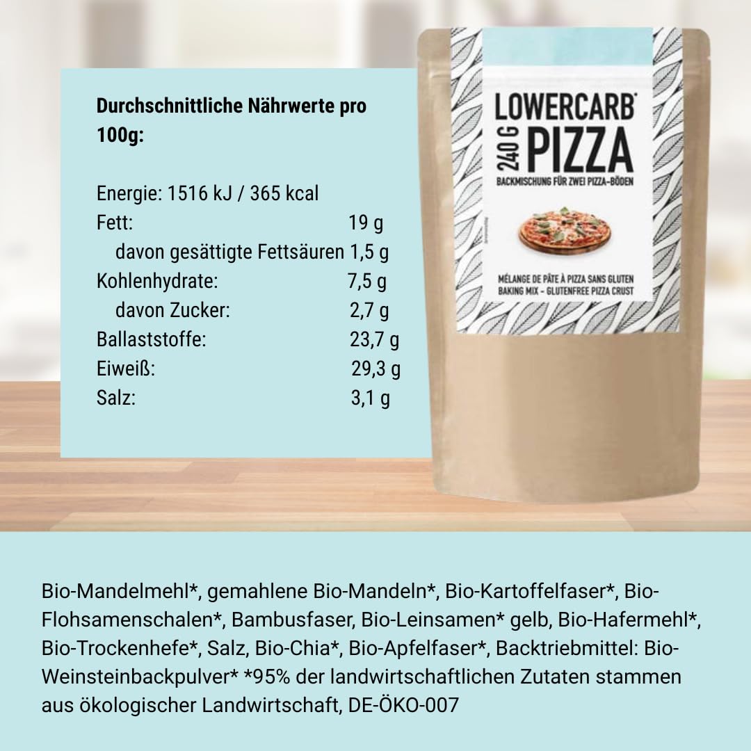 Mezcla de pizza baja en carbohidratos para 2 bases de pizza o 1 molde | 90% menos de carbohidratos | Sin gluten, 29 g de proteína vegana, con harina de almendras, cáscaras de psyllium y linaza, cetog