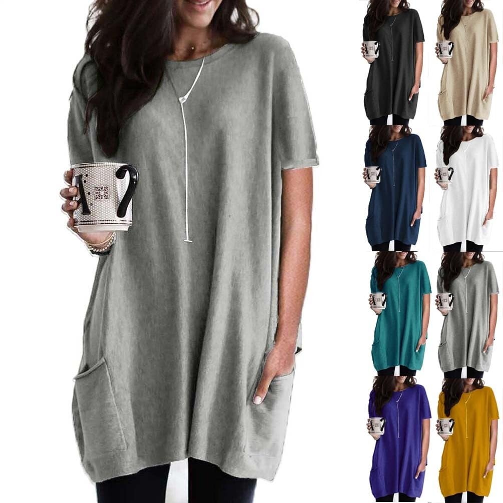 Camicia Lunga Da Donna Camicia Lunga A Maniche Corte Girocollo Top Tinta Unita Casual T-shirt Ampia Con Tasche Elegante Camicia A Maniche Corte Casual Colletto Tondo Camicette Oversize T-Shirt Donna (