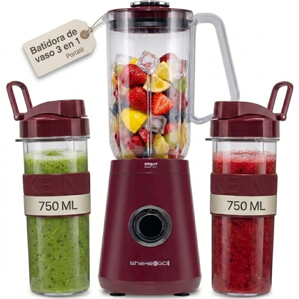Batidora Licuadora de Vaso Pequeña Portatil para Smoothies Batidos Frutas Zumos 1L con 2 Vasos Batidores Smoothie Maker Lavable Lavavajillas Antideslizante Uso Diario 3 en 1 – XsQuo