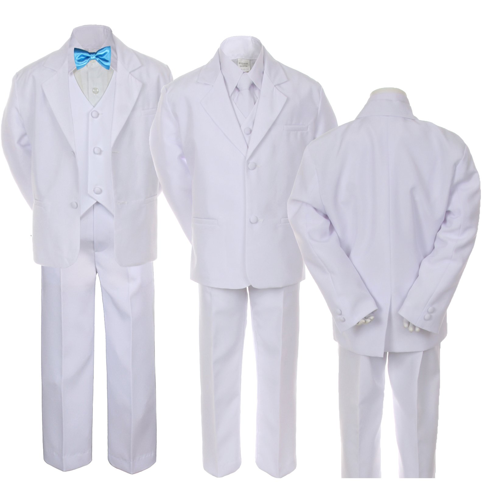 6pc Boy Wedding Graduation White Vest Suit Set Turquoise Satin Bow Tie Sm-20 ( Extra Large (18-24 months) )