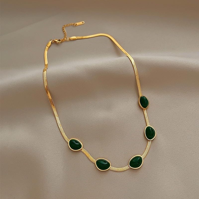 Green Oval Cabochon Station Herringbone Bar Link Necklace For Women Elegant Vintage Statement Adjustable Collar Gold Color Classic - Image 6