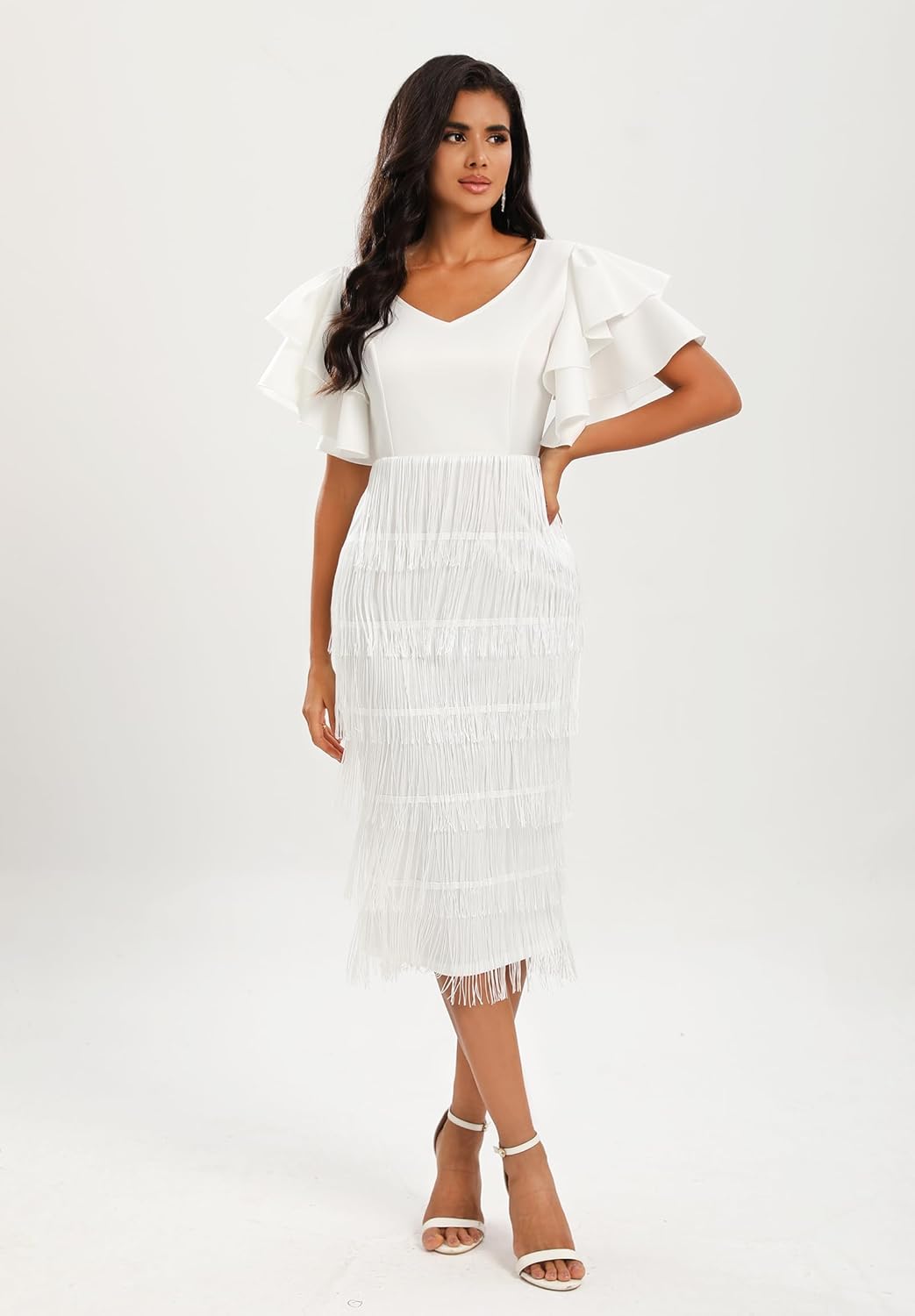 VERWIN Women's Fringe Maxi Dress High Waist V Neck Tiered Tassels Dress Ruffles Sleeve Bodycon Prom Dress - Image 2