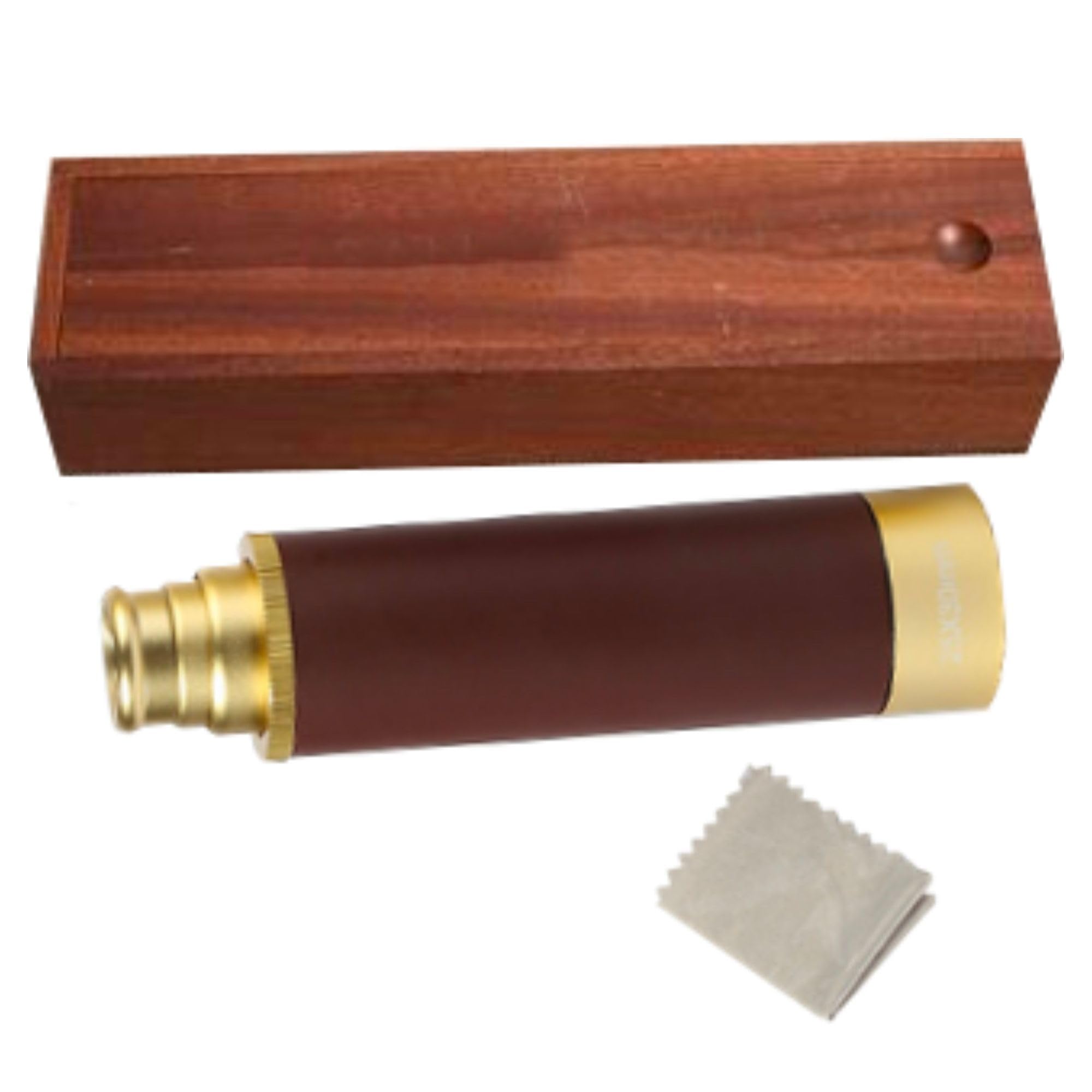 Coffret Longue Vue Puissante - Télescope Monoculaire - Grossissement x 25 - Lentille 30 mm - Randonnée, Chasse, Bateau, Observation des Oiseaux et Paysages - Boîte de Rangement Bois - 33 CM - Doré