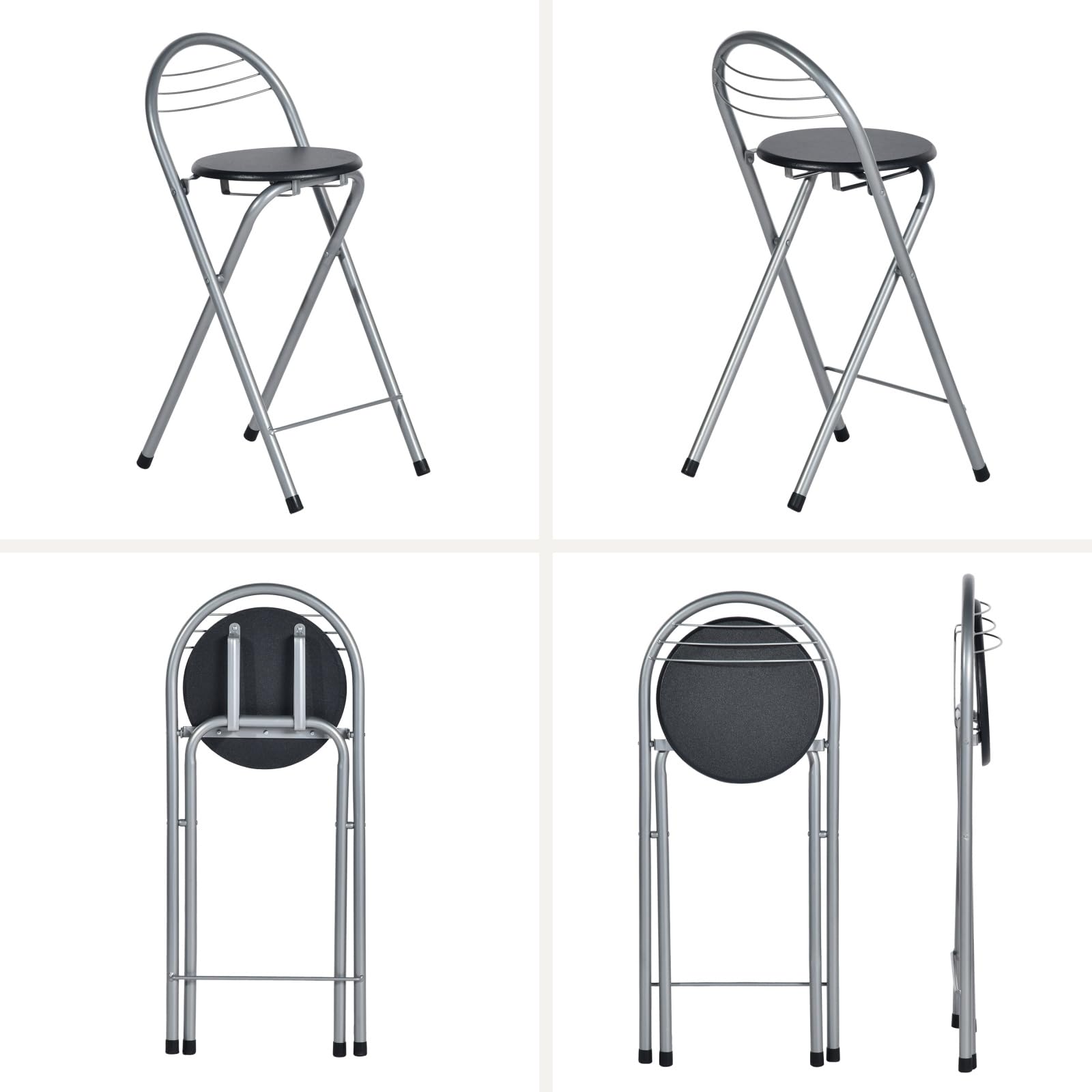 Sgabello da Bar Pieghevole Set di 2, Sgabello Pieghevole Portatile Sedia da Bar Pieghevole con Schienale per Bistro Cucina Terrazza Esterna, Altezza seduta 61 cm, Nero e Argento