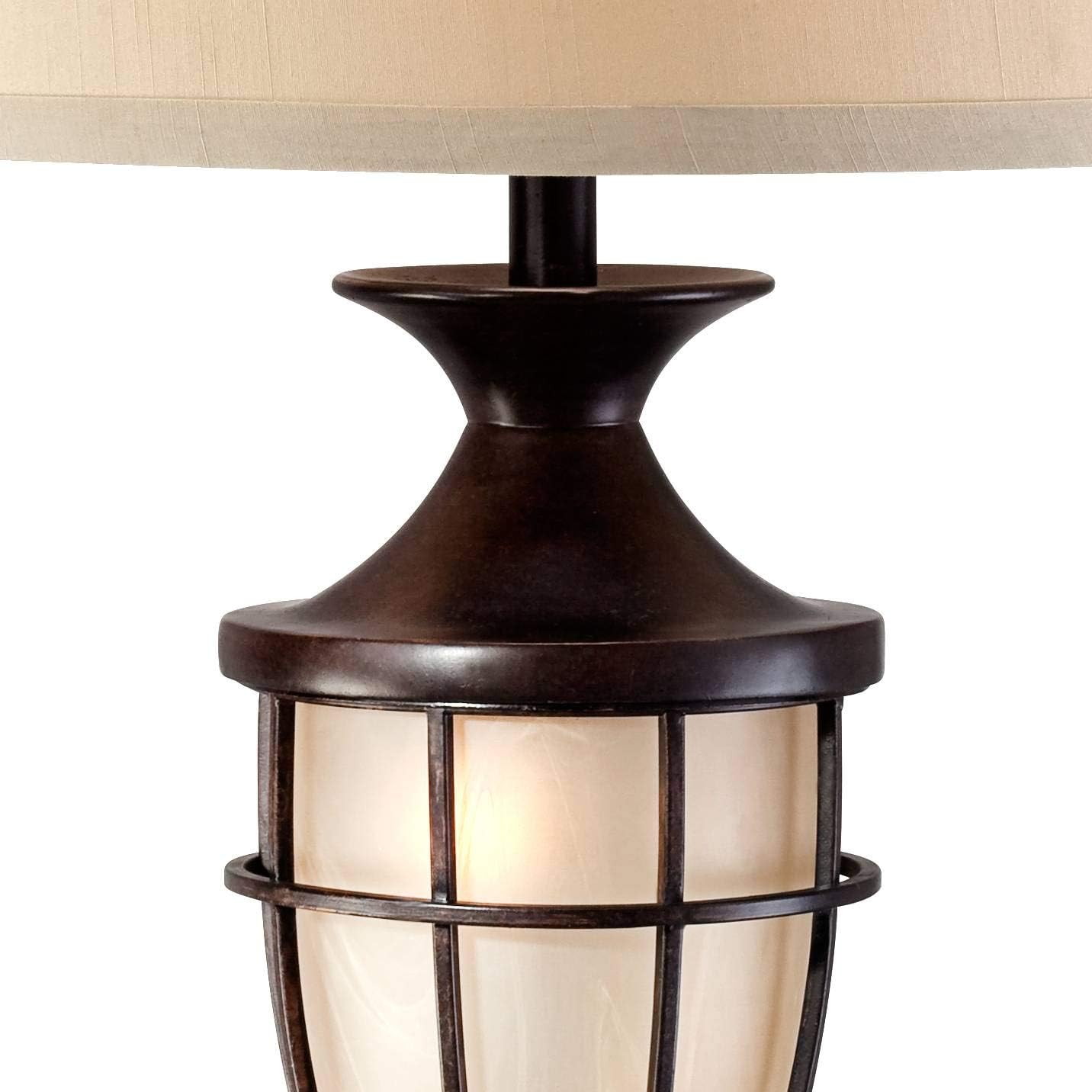 John Timberland Mission Style Table Lamp with Nightlight 33" Tall Champagne Glass Brushed Iron Cage Beige Fabric Drum Shade for Living Room Bedroom House Bedside Nightstand Home Office Entryway