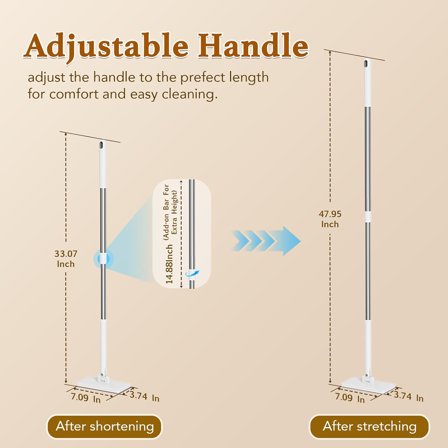 Snap Grip Mini Mop for Disposable Face Towel, Zero-Touch Attach & Remove Minimop, Extendable Lazy Mops for Bathroom, Mirror, Wood Floor, Reusable Snapgrip Mop Works with Tiny Cloth(48")