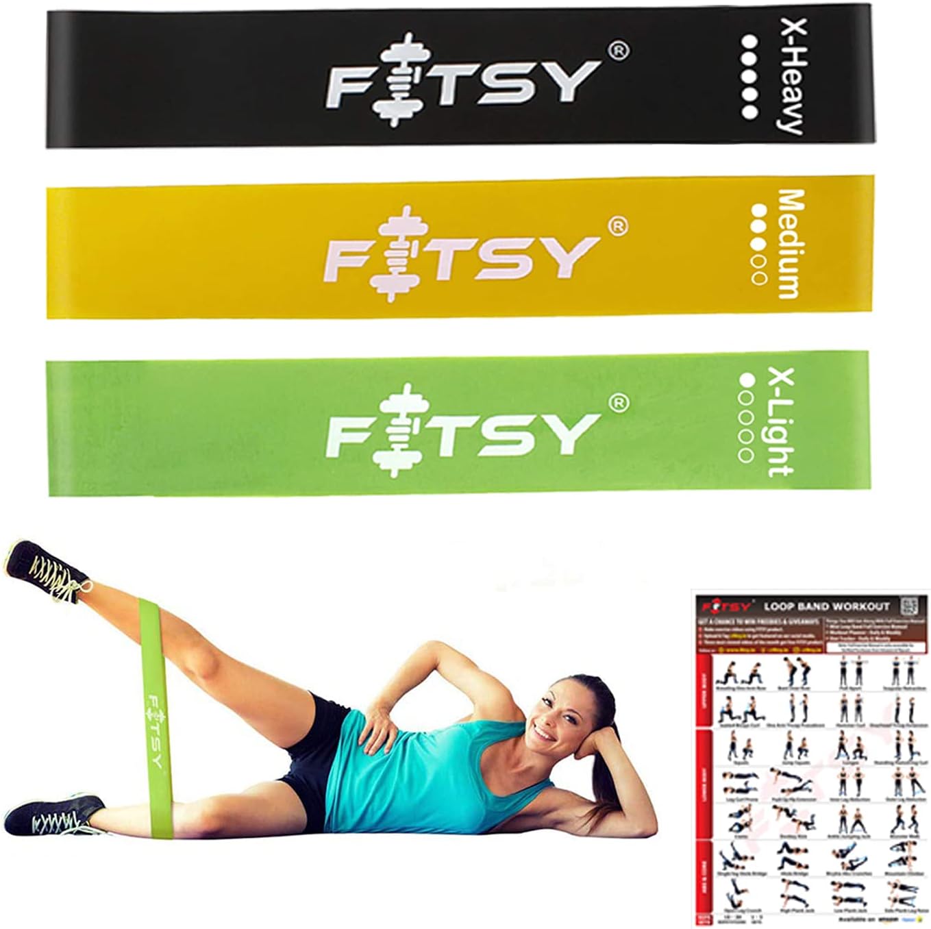Fitsy Exercise Resistance Loop Bands, 12Inch, Set of 3 Premium Resistance Exercise Bands For Physical Therapy, Rehab, Stretching, Home Fitness, Yoga & More Bonus Home Gym Workout Chart, Natural Rubber