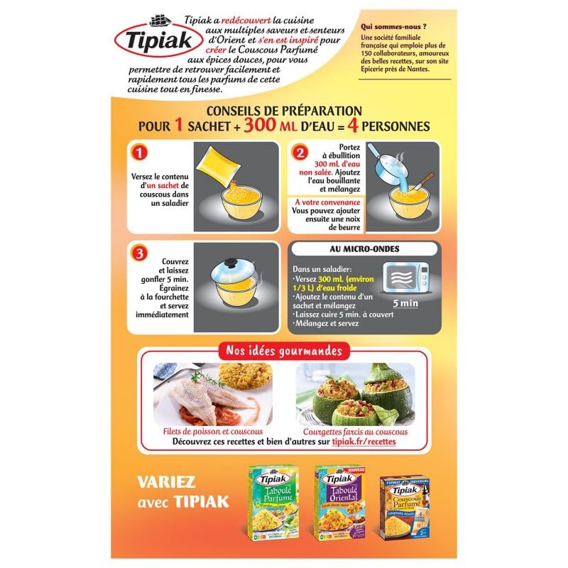TIPIAK Couscous Aux Épices Douces - Saveurs orientales pour vos repas - Sachet de 500 g pour 4 personnes - Idéal pour accompagner vos plats mijotés. - Lot De 4 - Vendu Par Lot
