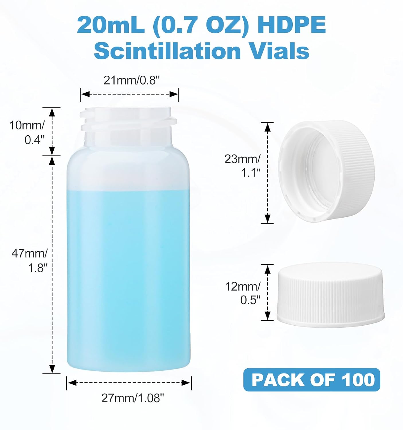 FOUR E'S SCIENTIFIC 20mL HDPE Scintillation Vial, 100 PCS Liquid Scintillation Counting Vials with 22-400 White Screw Cap with Silver Aluminum Foil Liner