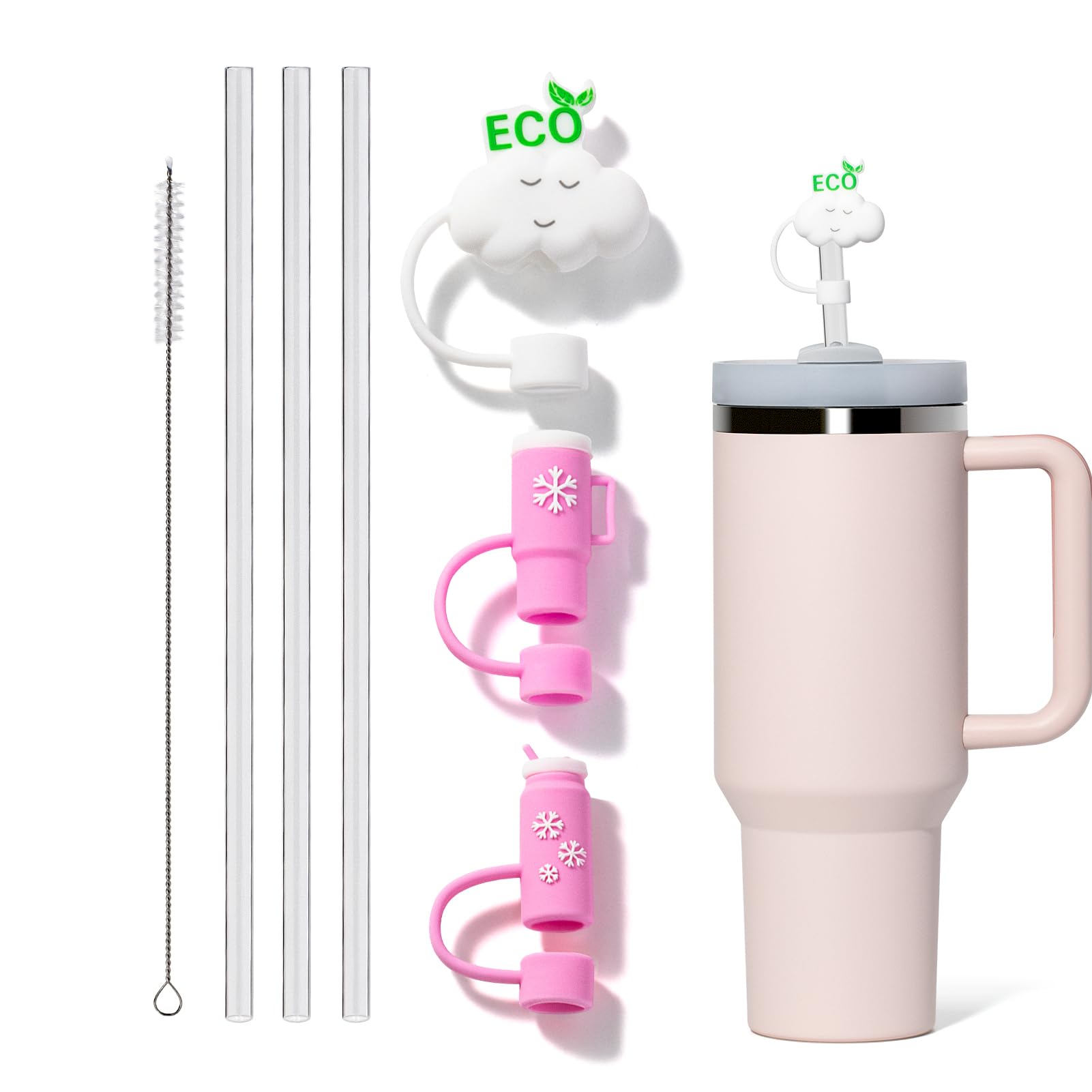 Straw Covers & Reusable Straws Set, Straw Toppers for Stanley Cup 40 oz 30 oz & Replacement Straws for Stanley 40 oz Tumbler with Handle Pink