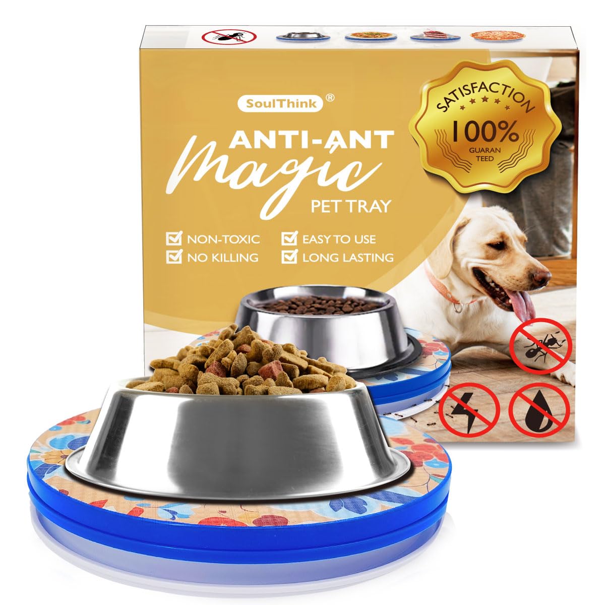 SoulThink Ant Proof Cat Dog Bowl Tray - x Simone Miller 2024 Collaboration Pet Food Dish Indoor No Chemical No Water Needed Different from Traditional Ant Trap (Orchid Flower)