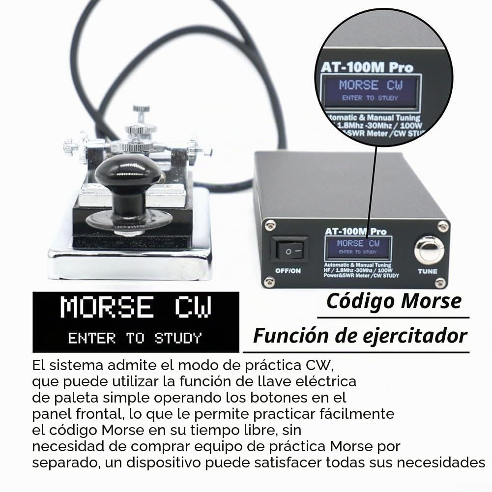 AT-100M Pro - Sintonizador de antena profesional, 100 W, 1.8 MHz-30 MHz, ATU-100M QRP, sintonizador de antena portátil, medidor de onda estacionaria con código morse para radio HF, duradero