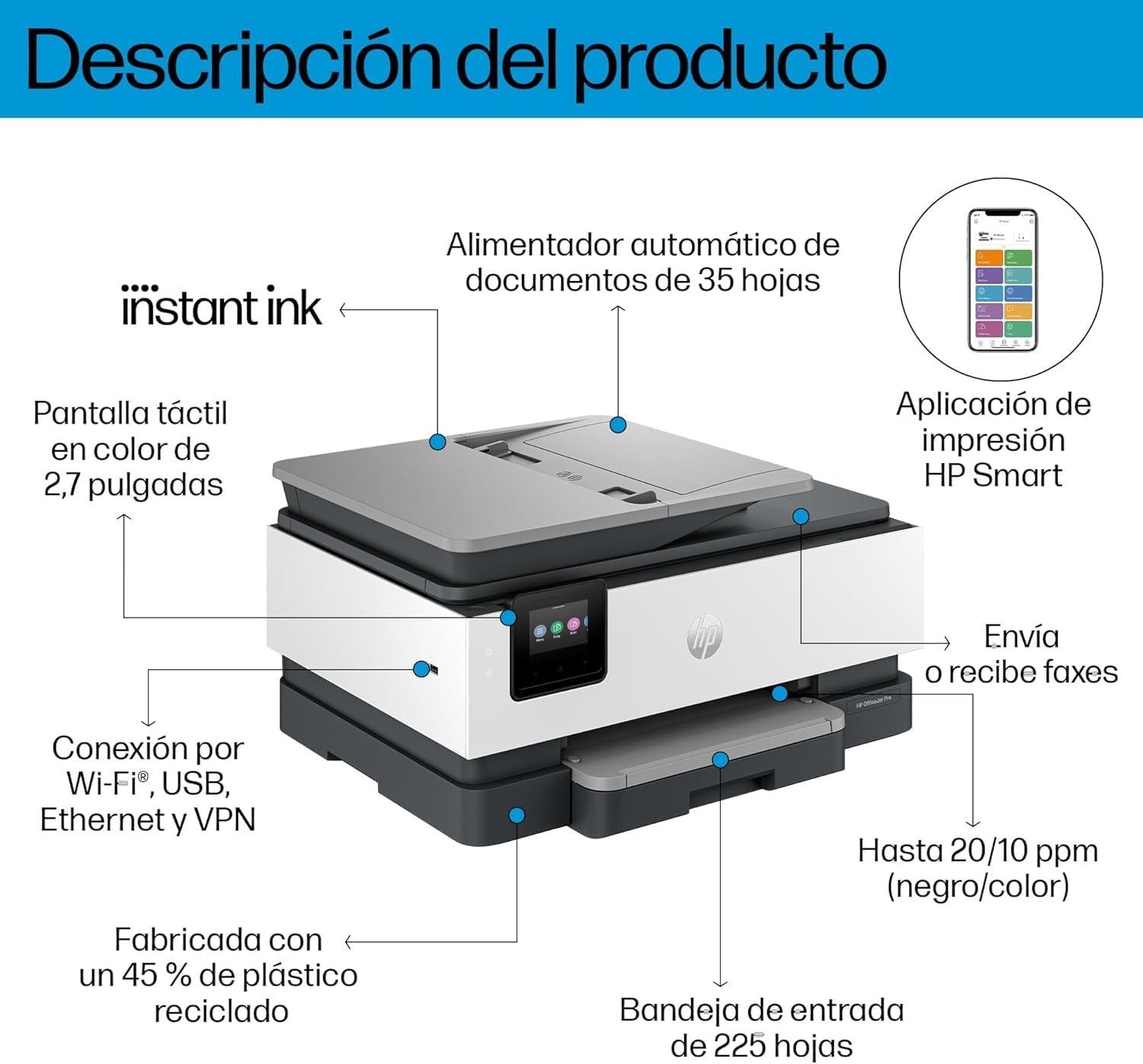 HP OfficeJet Pro 8122e, Impresora multifunción Profesional de Tinta A4 a Color, Copia, Escáner, Mobile Fax, Wi-Fi, Impresión a Doble Cara automática, 6 Meses de impresión Instant Ink, Gris