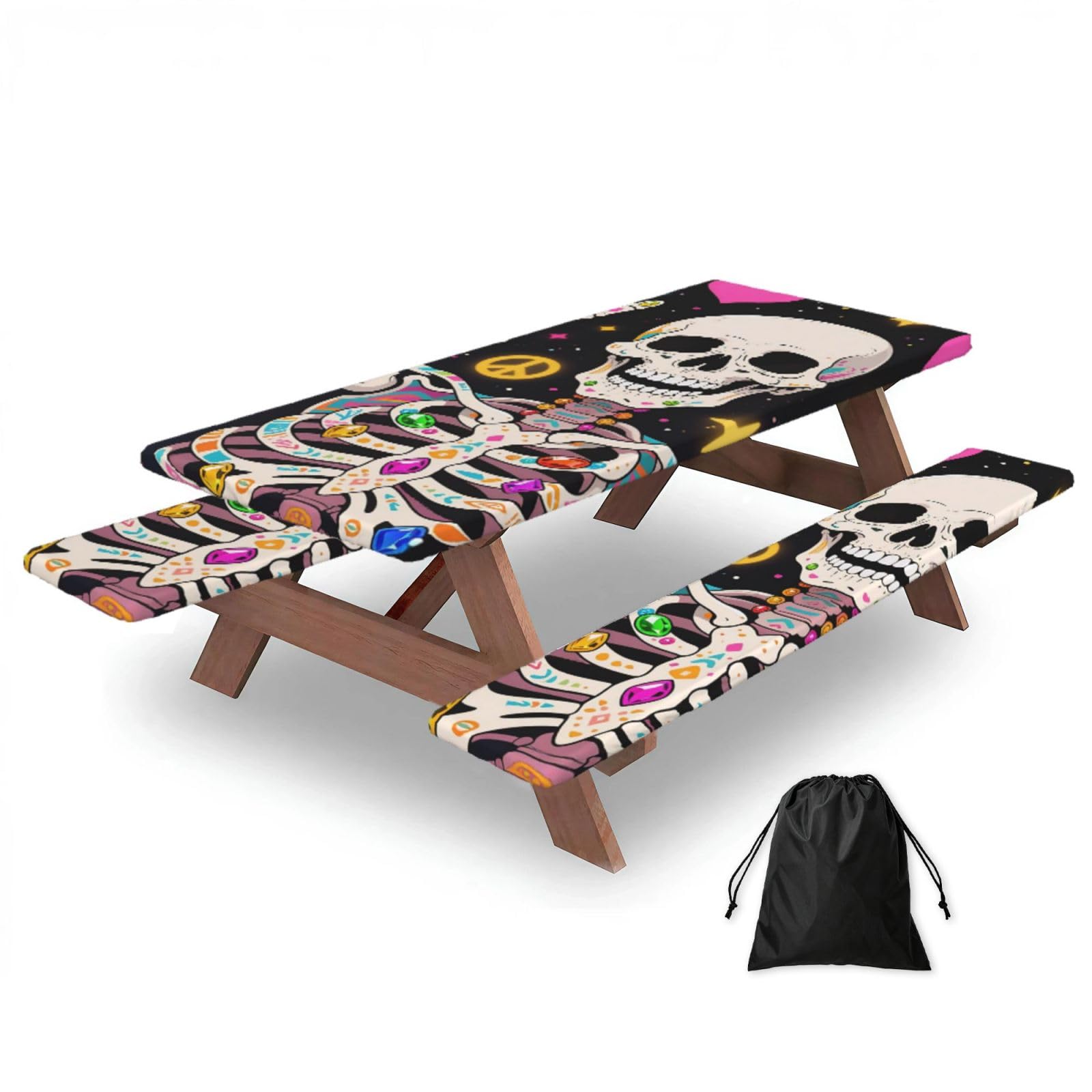 FekiLoot Hippie Skull Picnic Table Cover with Bench Covers and Bag, Windproof Waterproof Rectangle Tablecloth with Elastic Edges Fitted Camping Table Covers for Picnic Party Travel