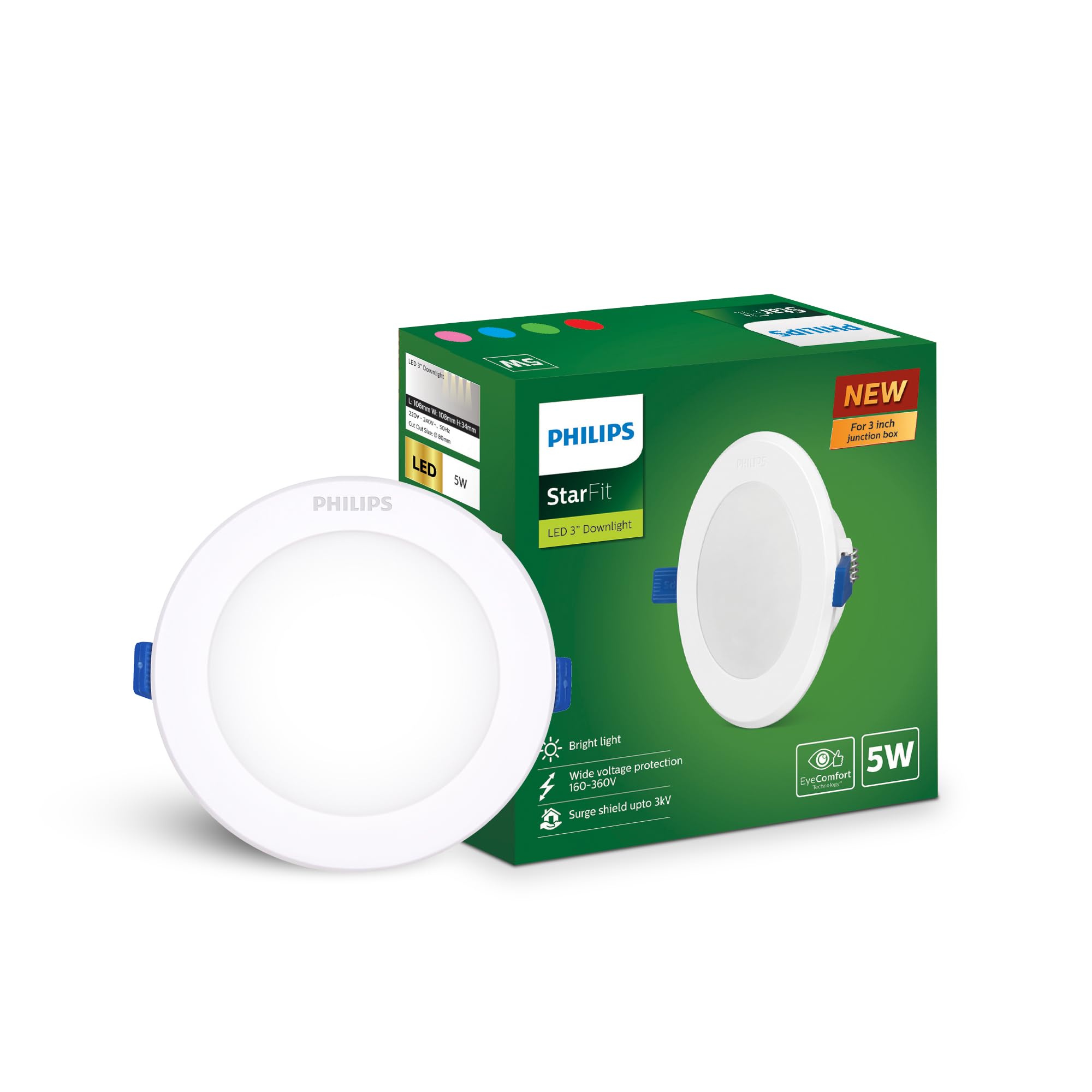 Philips Starfit 5 watt Concealed JB LED downlighter for Ceiling with 3 inch Cut-Out (Cool Day Light, Pack of 1), White-Polycarbonate