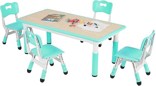 Arlopu Juego de mesa y 4 sillas para niños, juego de mesa y sillas para niños pequeños, patas antideslizantes, escritorio de graffiti, mesa de Verde