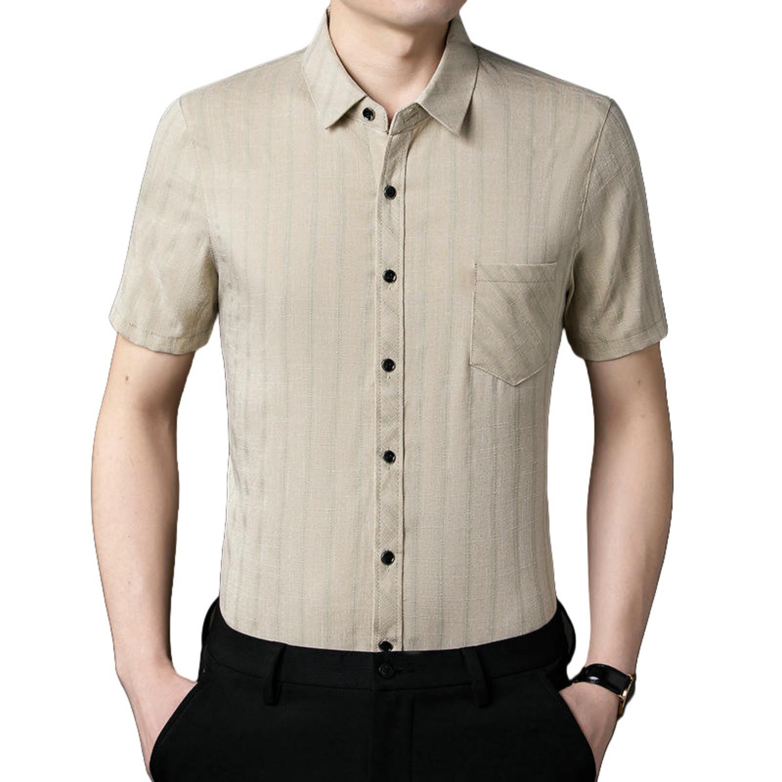 Camicia da uomo in cotone e lino a maniche corte, a righe, stile coreano, con bottoni, resistente alle pieghe