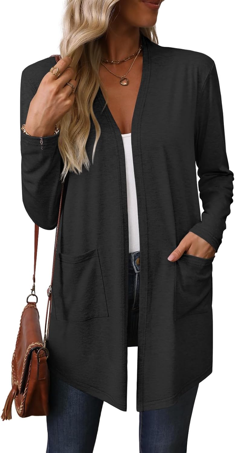Womens Lightweight Long Sleeve Cardigan Casual Open Front Fall Cardigans with Pockets - Image 2