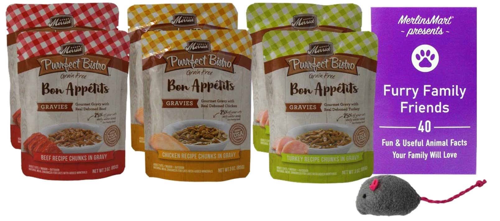 Merrick Purrfect Bistro Bon Appetits Chunks in Gravy Cat Food Topper - 3 Flavor 6 Pouch Sampler - (2) Each: Beef, Chicken, Turkey (3 Ounces) - Plus Catnip Toy and Fun Facts Booklet Bundle