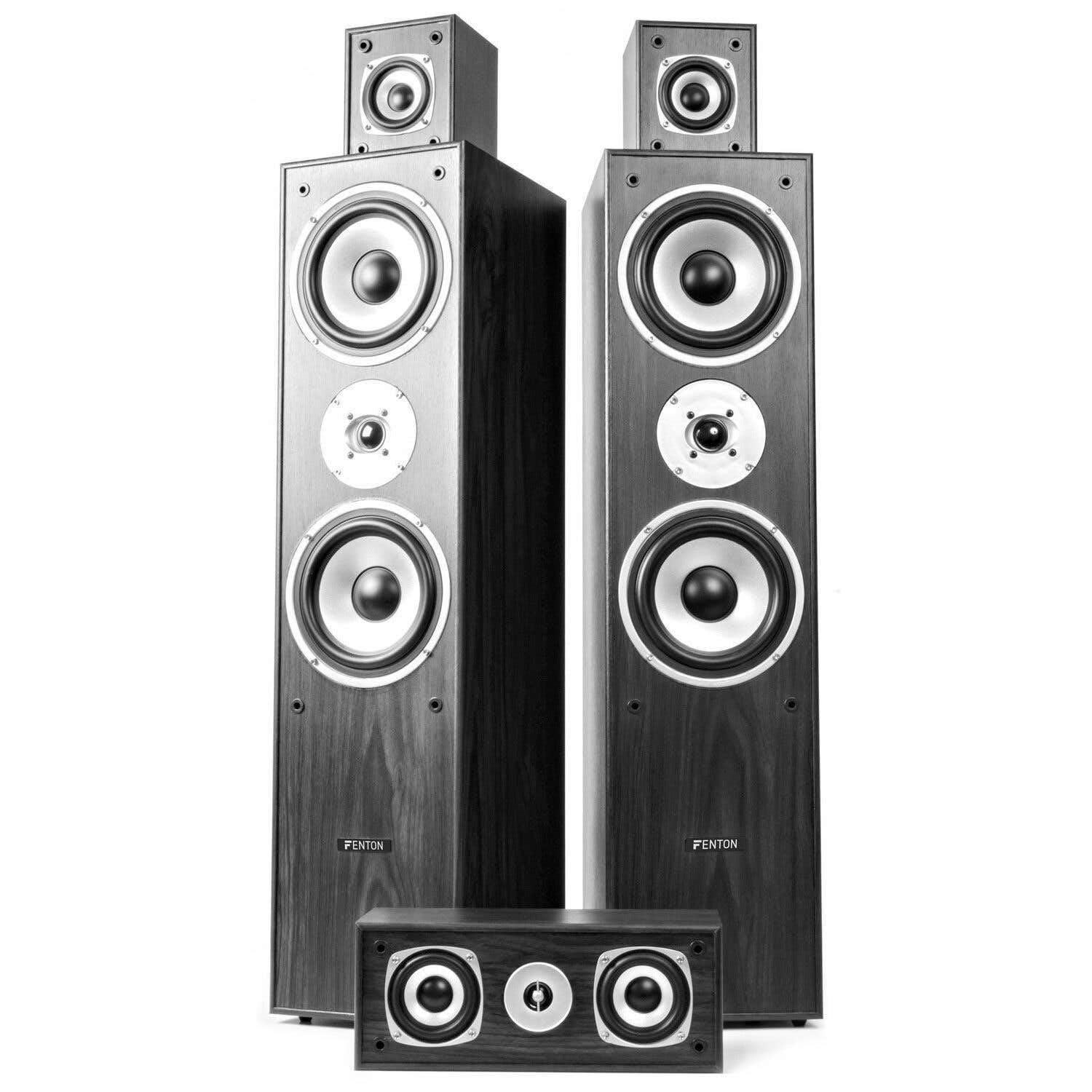 Fenton Cine en Casa 5.1 Bluetooth 510W - Equipo Completo con Amplificador, Altavoces Madera, Karaoke con Entradas Mic, Reproductor MP3 USB, Sonido Envolvente para Películas, Música y Juegos