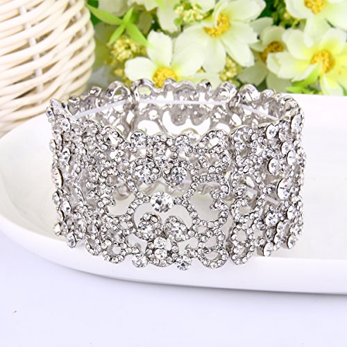 EVER FAITH Women's Austrian Crystal Bride Heart Art Deco Elastic Stretch Bracelet Clear4