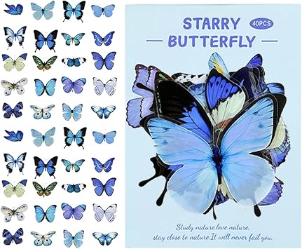 40Pcs Vintage Stickers,Waterproof Transparent PET Aesthetic Decorative Sticker Scrapbooking Supplies for Adult Card Making Letters Planner Junk Journal Water Bottles Art Craft.Blue Butterfly