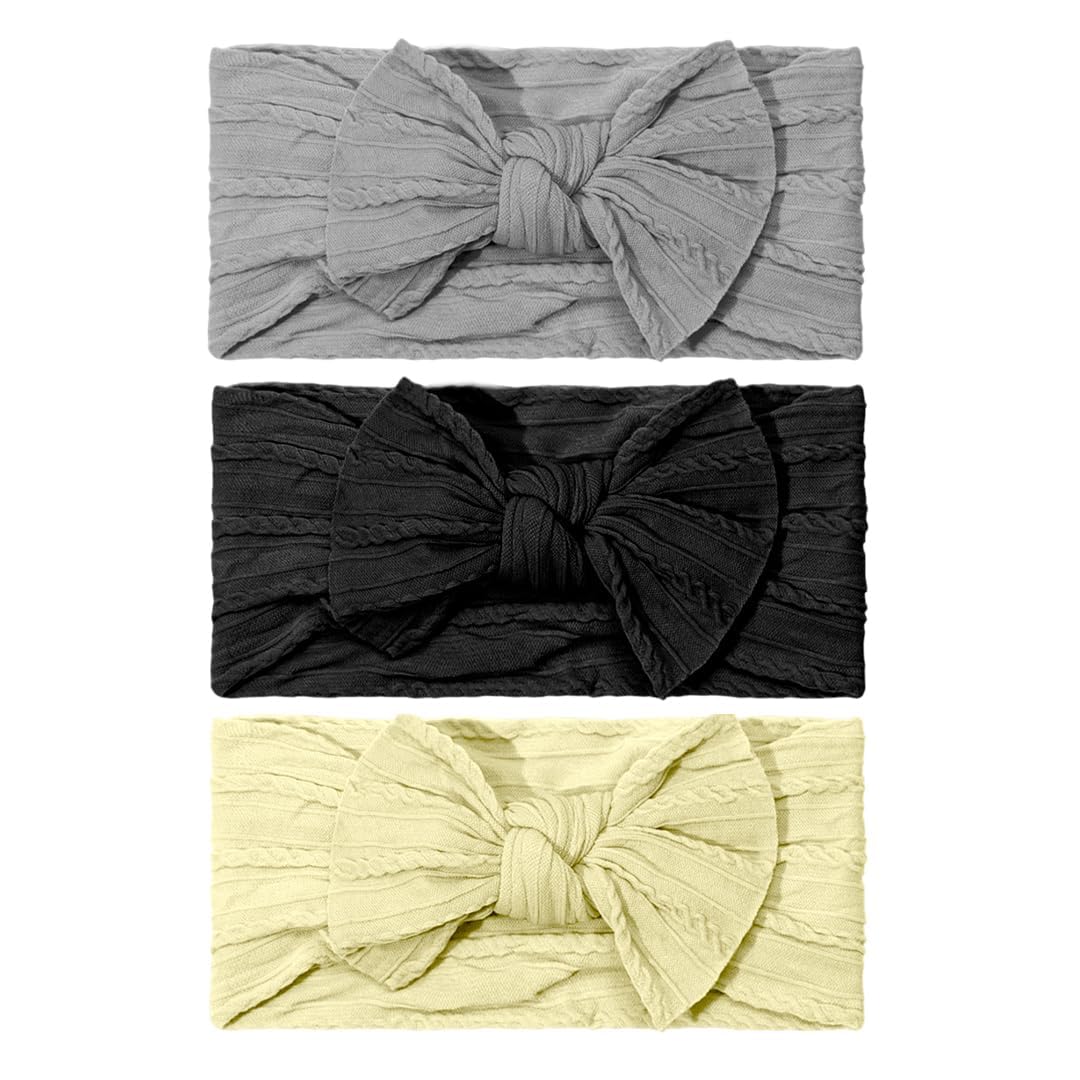 SYGA Pack of 3Baby Headbands Soft Nylon Bow Hairbands Strechable for Newborns, Infants, Toddlers and Kids 0-3 Years(Black-Grey-Beige)-picture-13