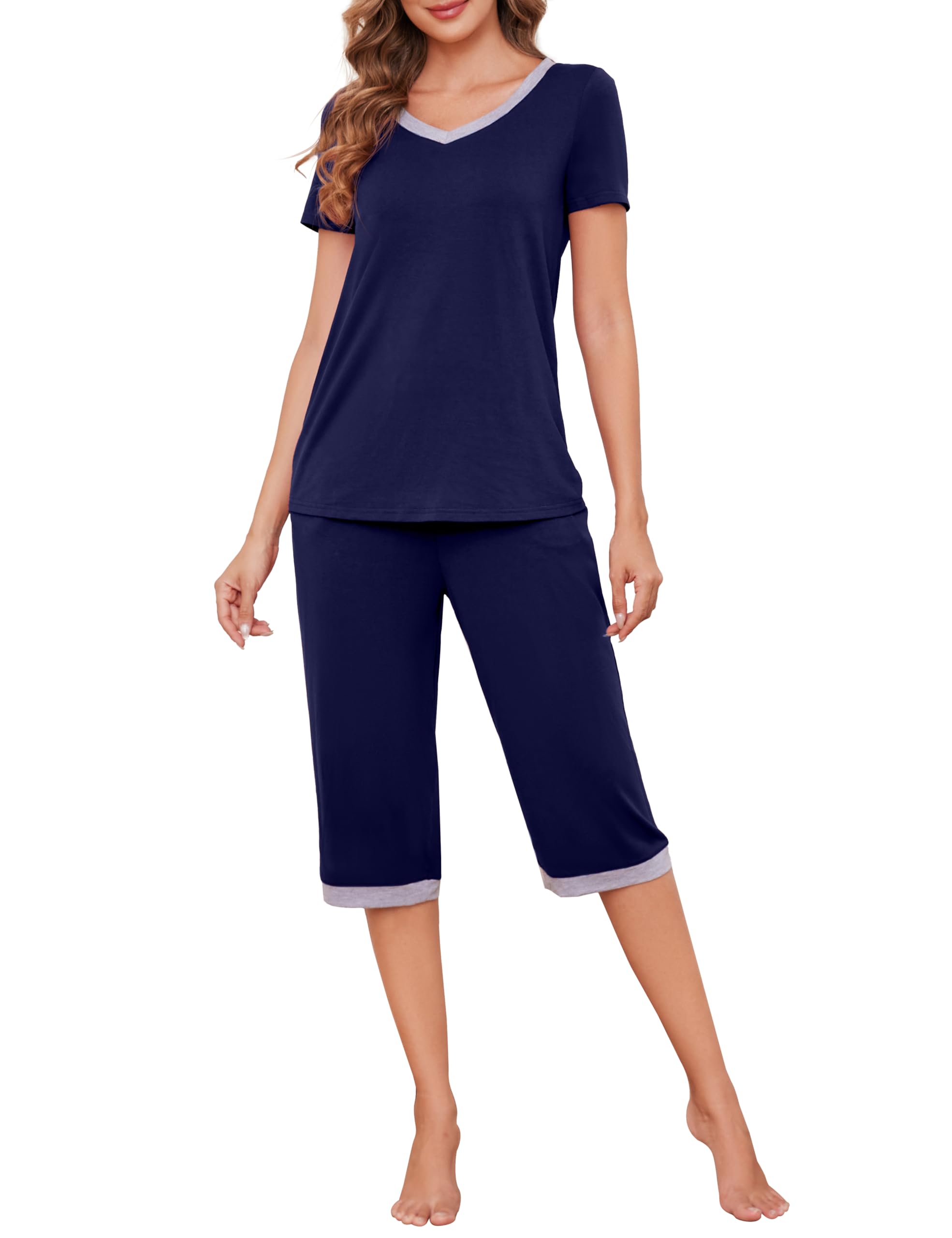 Actcat Schlafanzüge für Damen V-Ausschnitt Kurzarm Top und 3/4 Lang Hose Zweiteiler Nachtwäsche
