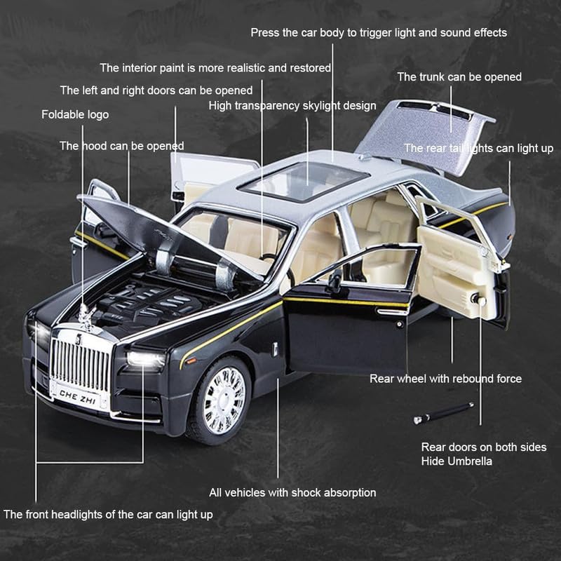 Image of Kids Model 1:24 Rolls-Royce Phantom Die Cast Metal Car Pull Back Action Opening Doors with Realistic Engine Sound Lights Toy Car Gift for Boys - Silver