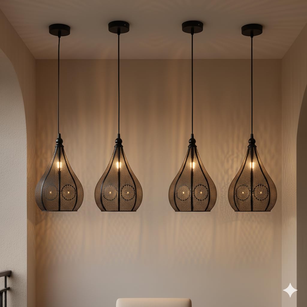 Modern Moroccan Pendant Light Set, 4-Piece Black Metal Teardrop Hanging Lamps, Geometric Pattern Design with 76 cm Adjustable Wire, Bulbs Included-image-5