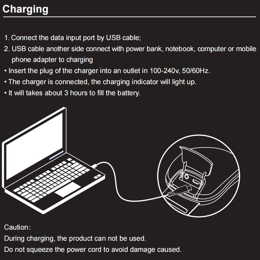 Diagram showing how to charge the OSITO Eye Massager using a USB cable connected to a laptop.