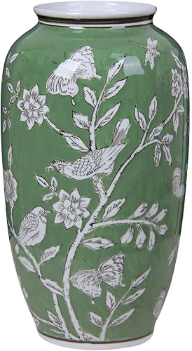 14" Ceramic Vases for Home Decor, Large Chinoiserie Decor Green Vase with Hand-Painted Floral-Bird Art, Oriental Porcelain Flower Vase for Fireplace, Shelf, Dining Table Centerpiece