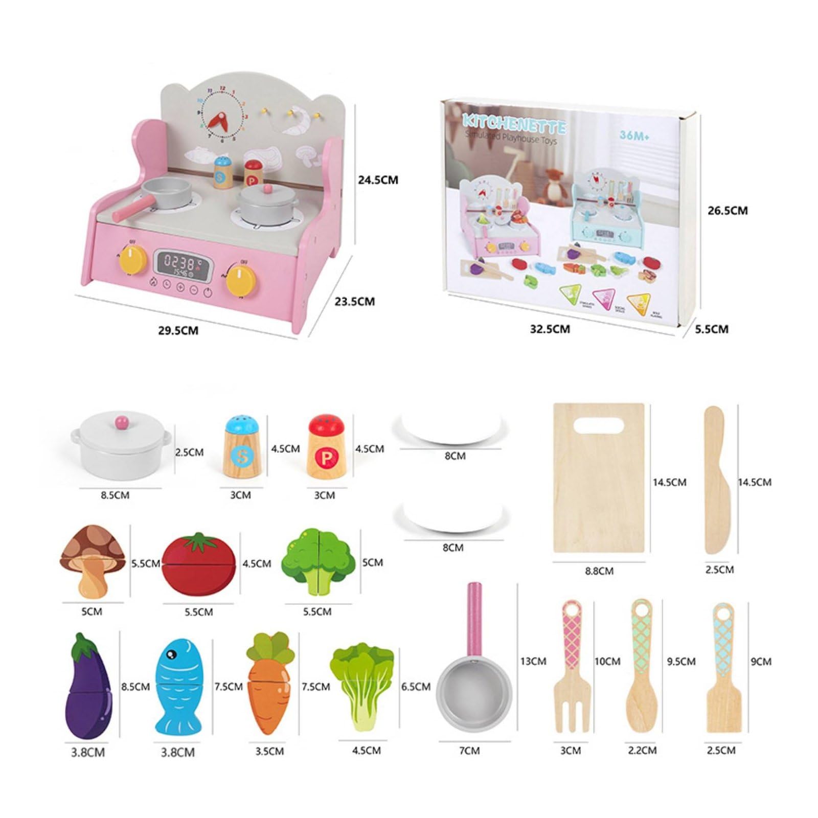 Gralara Fornello Giocattolo con Accessori Gioco di Imitazione Mini Cucina con Pentole Idea Regalo Compleanno per Bambine, Cameretta, Grande, Rosa+Frutti
