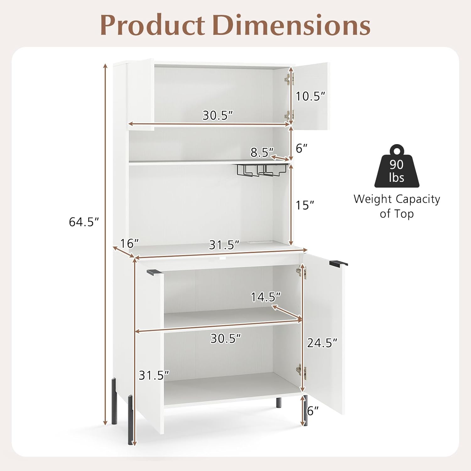 Kitchen Hutch Cabinet with Charging Station, 64.5" Tall Pantry Storage Cabinet with Microwave Shelf, Metal Legs, Wine Racks, Adjustable Shelf, Modern Dining Room Buffet Cupboard (White)