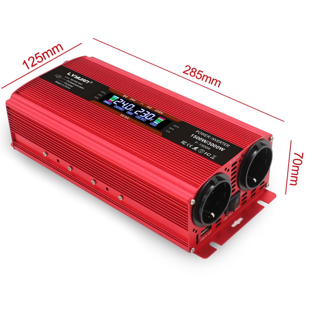 LVYUAN Przetwornica 24 V 220 V 1500 W/3000 W Przetwornica napięcia z wyświetlaczem LCD, 2 gniazdami UE, USB 5 V i gniazdem zapalniczki samochodowej