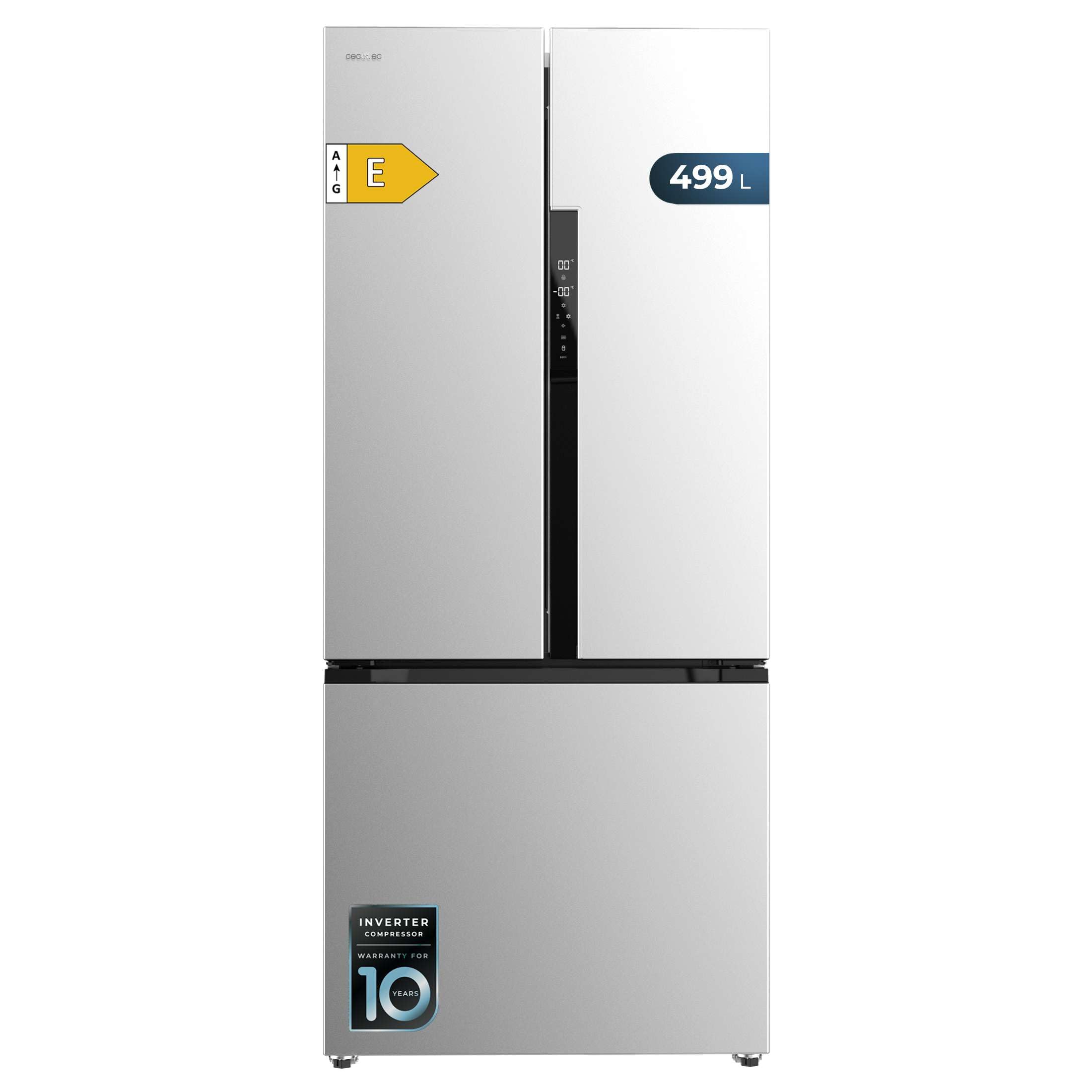 Cecotec Französischer Tür-Kühlschrank Bolero CoolMarket FD 499 Inox E. Inverter Plus Kompressor, Inox 178x75,9cm, 499L, No Frost, Energieklasse E, Multiairflow, Metal Cooling
